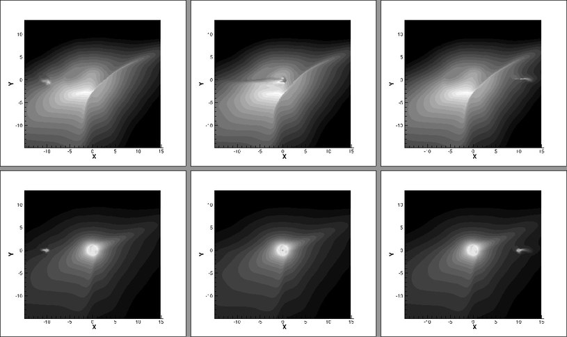 Przykład symulowanych obrazów radiowych powstałych dzięki nowemu modelowi /Soumitra Hazra, et al. "Exoplanet Radio Transits as a Probe for Exoplanetary Magnetic Fields — Time-dependent MHD Simulations." arXiv preprint arXiv:2208.06006 (2022)/Attribution 4.0 International (CC /materiały prasowe