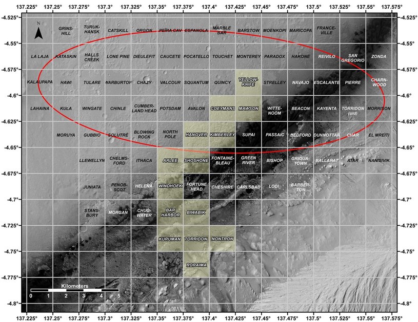 Przykładowa mapa pokazująca motywy kwadrantu łazika marsjańskiego Curiosity /NASA/JPL-Caltech/USGS-Flagstaff/University of Arizona /materiały prasowe