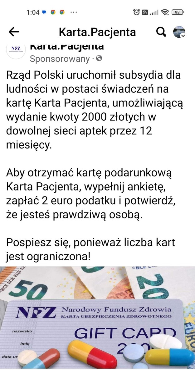 Przykładowy fałszywy komunikat /NFZ /