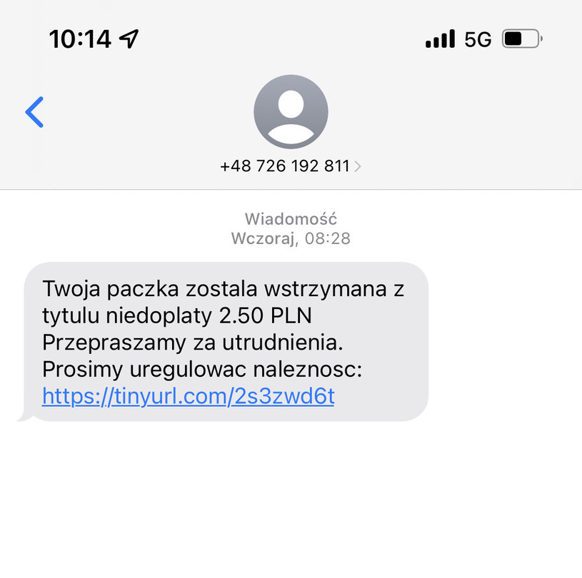 Przykładowy SMS od oszustów /INTERIA.PL