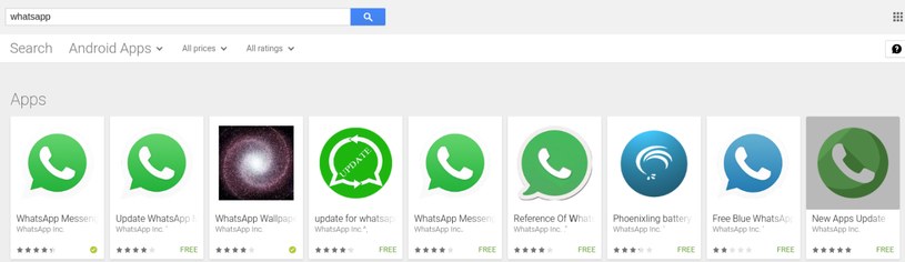 Przykłady aplikacji podszywających się pod WhatsApp /materiały prasowe