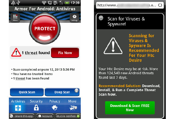 Przykłady fałszywych ostrzeżenia antywirusowe wyświetlane przez trojany Android.Fakealert /materiały prasowe