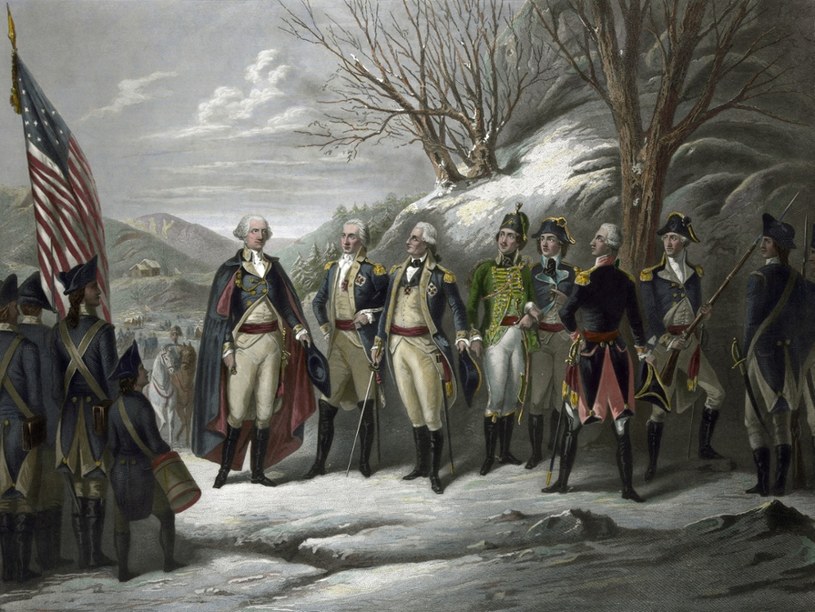 Pułaski (w zielonym mundurze) obok Waszyngtona, Kościuszki, Johanna De Kalba, barona von Steubena, Lafayette'a na obrazie przedstawiającym bohaterów amerykańskiej wojny o niepodległość /East News