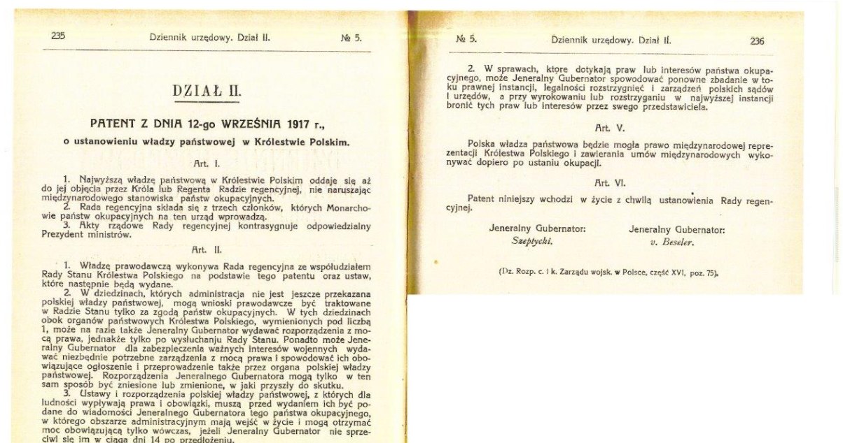 Rada Regencyjna została formalnie utworzona 12 września 1917 r. na mocy patentu niemieckich i austrowęgierskich władz okupacyjnych /Archiwum Akt Nowych