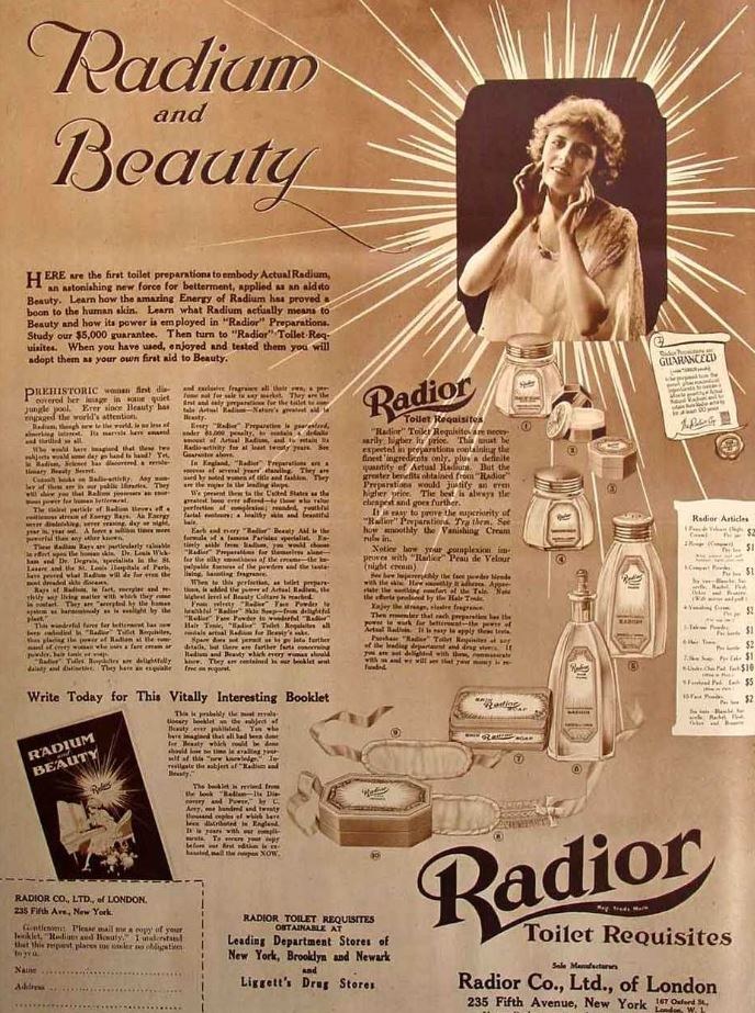 Radior był popularnym preparatem, który miał dodać „radioaktywnego blasku”. Reklama z 1918 roku /Domena publiczna /INTERIA.PL/materiały prasowe