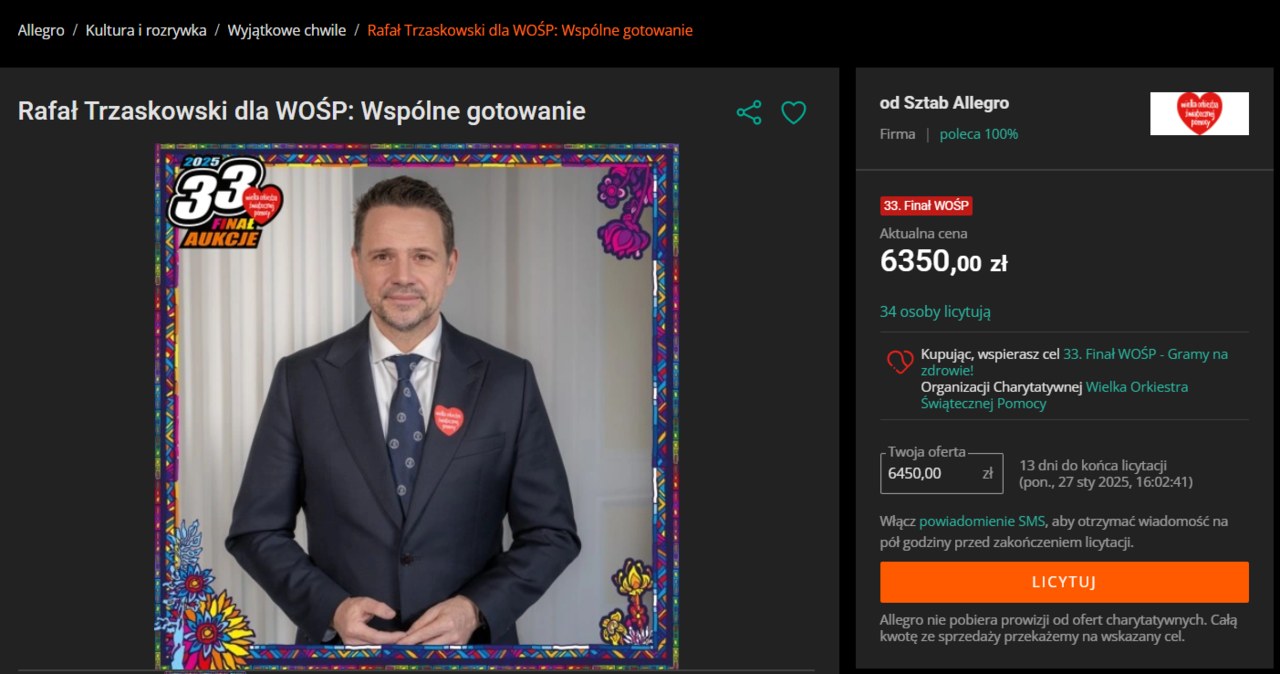 Rafał Trzaskowski oferuje w ramach WOŚP warsztaty kulinarne /Zrzut ekranu/Allegro.pl /materiał zewnętrzny