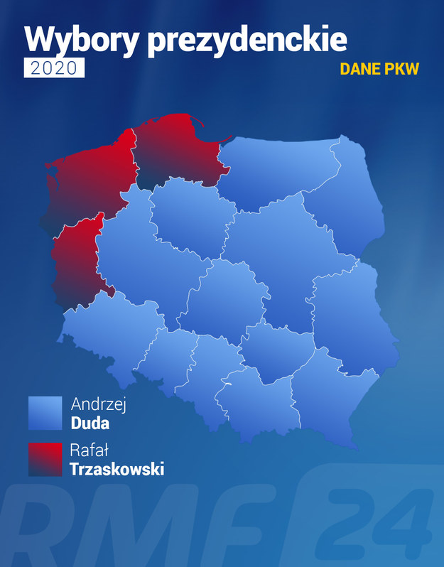 Rafał Trzaskowski wygrał tylko w 3 województwach, a pozostałych zwycięzcą I tury jest Andrzej Duda /Grafika RMF FM