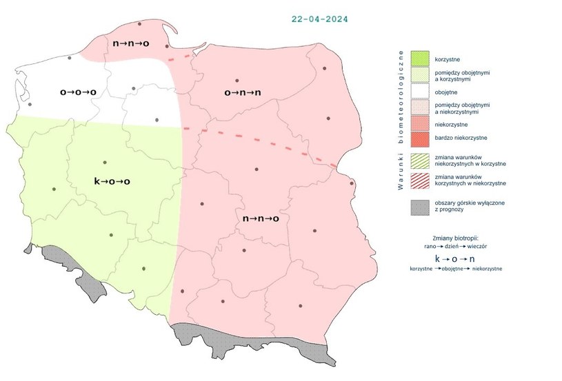 Rano korzystne warunki będą panowały tylko na zachodzie. W pozostałej części Polski będą one obojętne lub niekorzystne /IMGW /