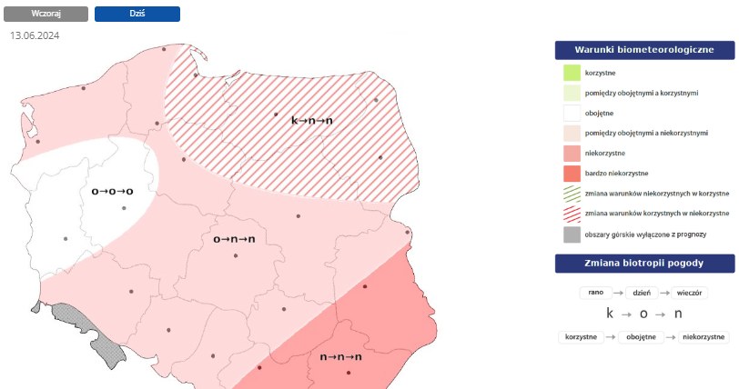Rano miejscami na północy warunki będą korzystne, jednak z czasem pogorszą się do niekorzystnych i w większości kraju pozostaną takimi do wieczora /IMGW /
