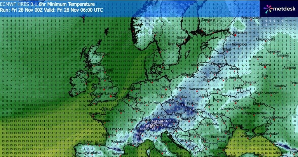 Rano na południowym zachodzie zanotowano prawie -12 stopni Celsjusza. Kolejna noc na terenach podgórskich może być równie mroźna /WXCharts /