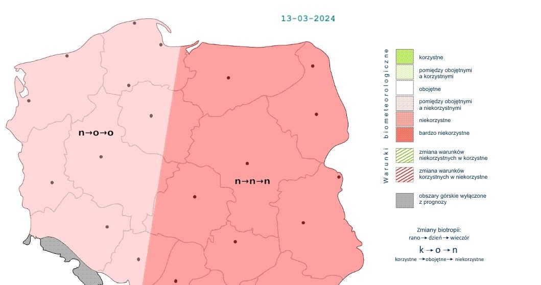Rano niekorzystne warunki będą panowały w całej Polsce, a w ciągu dnia na zachodzie osłabną one do obojętnych /IMGW /