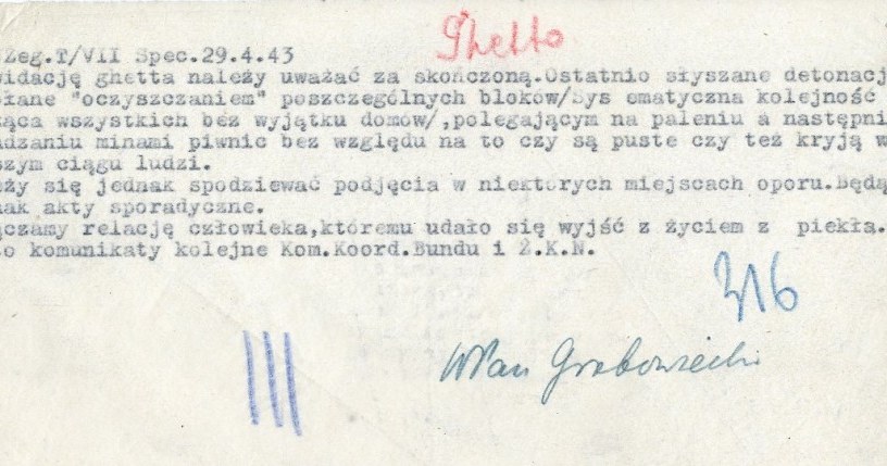 Raport Referatu Żegoty Departamentu Spraw Wewnętrznych Delegatury Rządu RP na Kraj dotyczący akcji likwidacyjnej warszawskiego getta. Warszawa, 29 kwietnia 1943 r. /Archiwum Akt Nowych