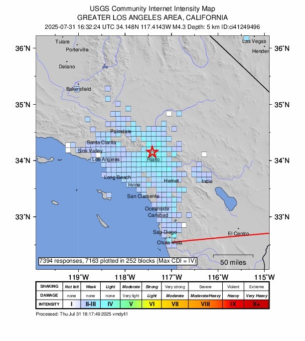 Raporty dot. intensywności wstrząsów po czwartkowym trzęsieniu ziemi w południowej Kalifornii /USGS /