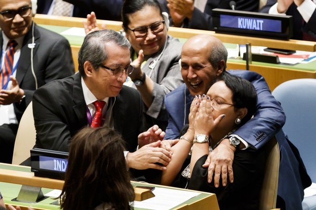Reakcja delegacji Indonezji po wyborze kraju na niestałego członka RB ONZ /JUSTIN LANE /PAP/EPA