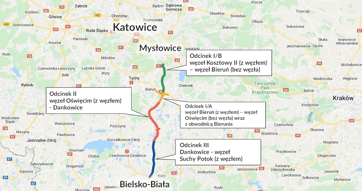 Realizacja liczącego łącznie 40 km fragmentu S1 od Mysłowic do Bielska-Białej została podzielona na cztery odcinki. /GDDKiA