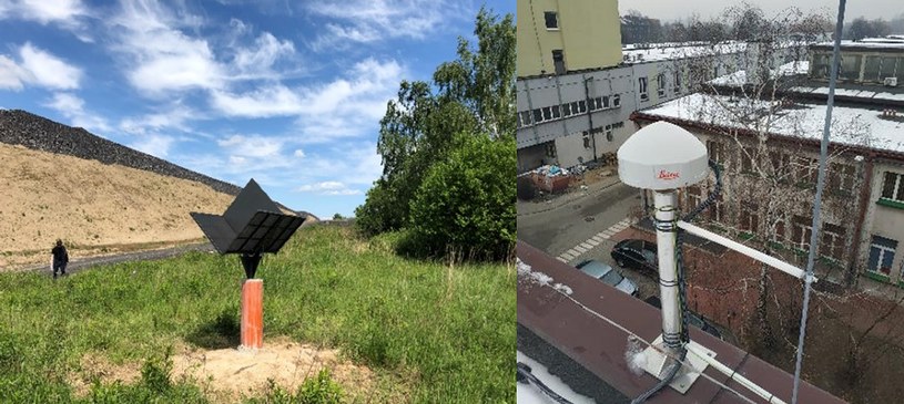 Reflektor sygnałów satelitarnych SAR zainstalowany przy Hałdzie Szarlota (po lewej) oraz antena stacji multi-GNSS: GPS, GLONASS, Galileo, BeiDou zainstalowana w Katowicach (po prawej). Fot. Instytut Geodezji i Geoinformatyki UPWr /materiały prasowe