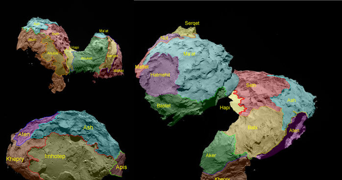 Regiony wyróżnione na powierzchni komety 67P dzięki obserwacjom sondy Rosetta. /materiały prasowe