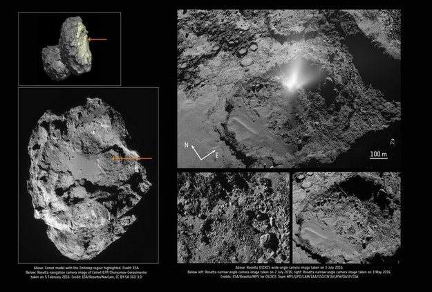 Rejon powierzchni jądra komety, gdzie doszło do emisji /ESA/Rosetta/NavCam; ESA; ESA/Rosetta/MPS for OSIRIS Team MPS/UPD/LAM/IAA/SSO/INTA/UPM/DASP/IDA /Materiały prasowe