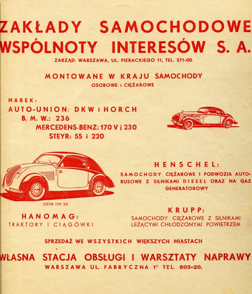 Reklama firmy „Zakłady Samochodowe Wspólnoty Interesów” oferująca montowane w Polsce samochody marek niemieckich. Reklama ta ukazała się w prasie polskiej, w sierpniu 1939 /Archiwum Tomasza Szczerbickiego