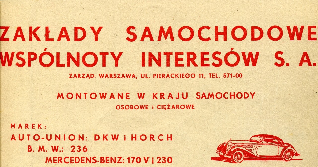 Reklama firmy „Zakłady Samochodowe Wspólnoty Interesów” oferująca montowane w Polsce samochody marek niemieckich. Reklama ta ukazała się w prasie polskiej, w sierpniu 1939 /Archiwum Tomasza Szczerbickiego