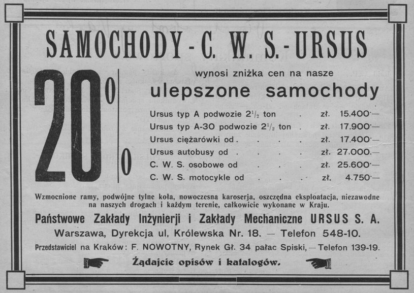 Reklama krakowskiego przedstawicielstwa PZInż. z roku 1931, oferującego również motocykle CWS M55 /Archiwum Tomasza Szczerbickiego
