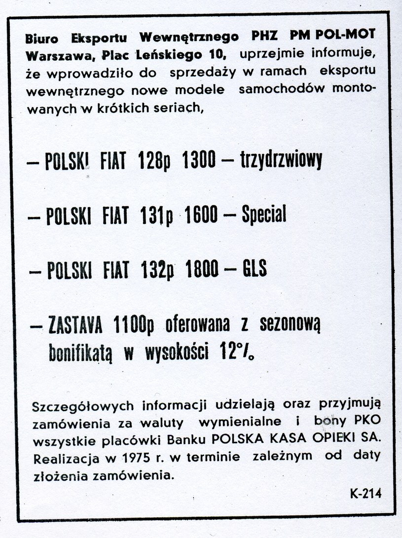 Reklama prasowa zamieszczona w tygodniku „Motor” na początku 1975 roku /Archiwum Tomasza Szczerbickiego