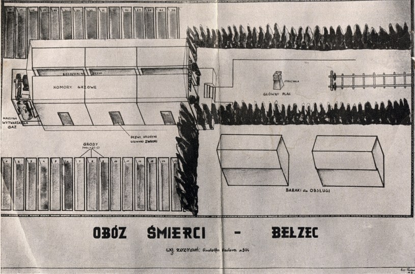 Rekonstrukcja obozu w Bełżcu na podstawie wspomnień Rudolfa Redera, 1946 r. /RSW /Agencja FORUM