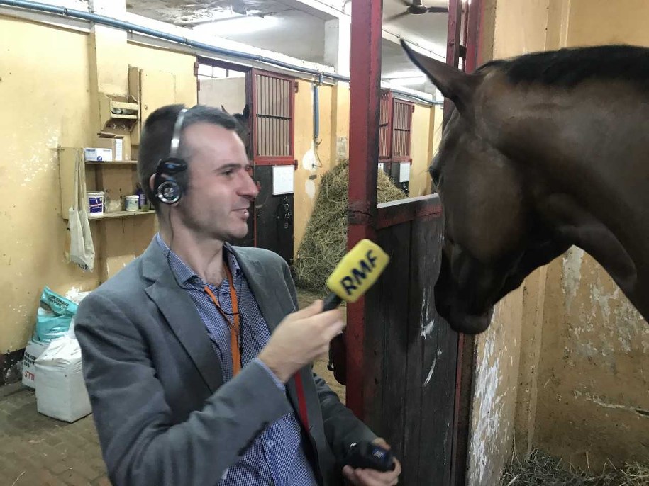 Reporter RMF FM Michał Dobrołowicz i Carla, klacz, która pochodzi z Irlandii i tydzień temu startowała w gonitwie. Zajęła drugie miejsce. Postawione uszy świadczą o tym, że koń jest zainteresowany i spokojny. /Michał Dobrołowicz /RMF FM
