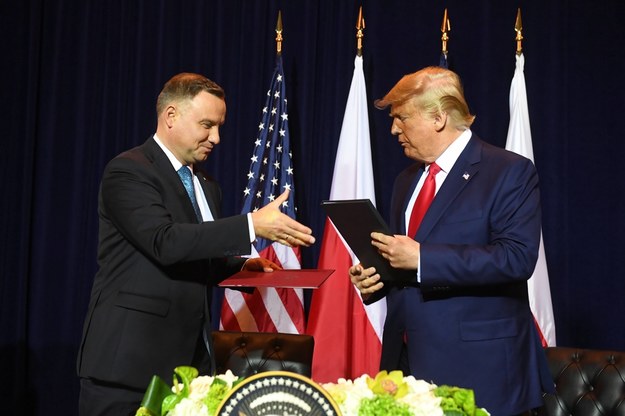 rezydenci, Stanów Zjednoczonych Ameryki Donald Trump (P) oraz RP Andrzej Duda (L) podczas spotkania bilateralnego w Nowym Jorku, wrzesień 2019 r. / 	Radek Pietruszka   /PAP