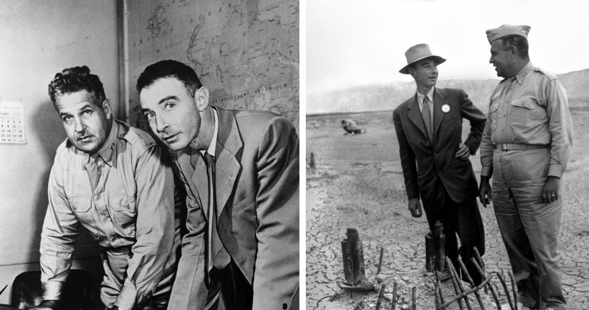 Robert Oppenheimer i Leslie Groves podczas planowania, a następnie sprawdzania skutków wybuchu bobmy jądrowej, lipiec 1945 r. /Getty Images