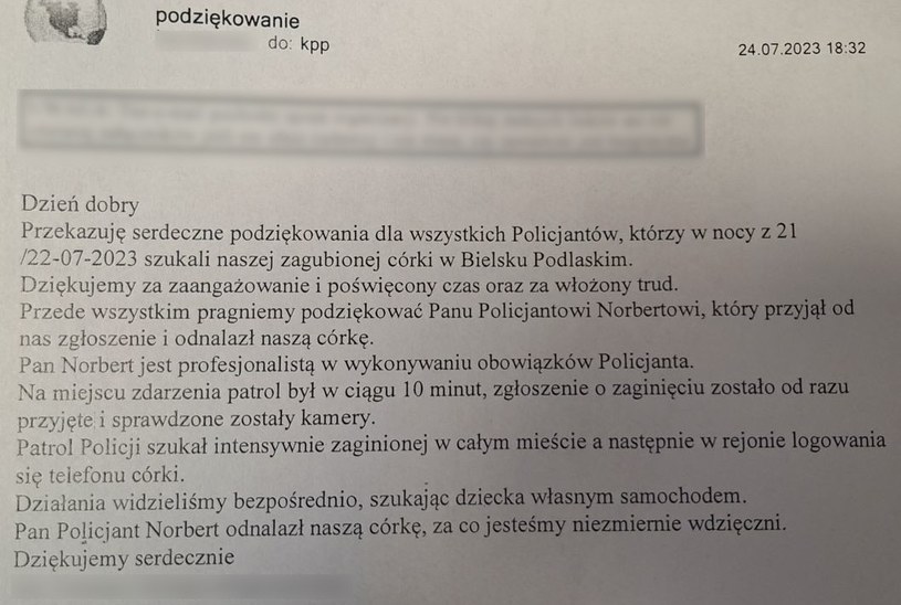 Rodzice odnalezionej 23-latki napisali maila z podziękowaniami. /KPP Bielsk Podlaski /
