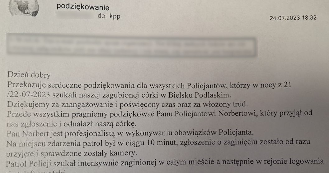 Rodzice odnalezionej 23-latki napisali maila z podziękowaniami. /KPP Bielsk Podlaski /