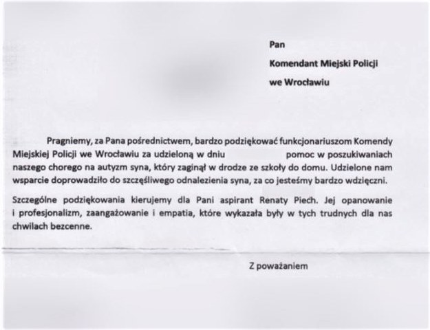 Rodzice zaginionego chłopca przesłali na policję podziękowania /Dolnośląska Policja /Policja
