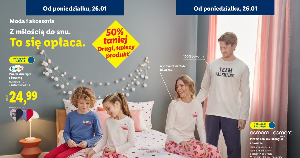 Rodzinne piżamy z walentynkowej kolekcji Lidla objęte akcją „drugi, tańszy produkt 50% taniej” /Lidl /INTERIA.PL