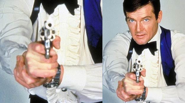 Roger Moore z pistoletem i zegarkiem Rolex w filmie "Żyj i pozwól umrzeć" /East News