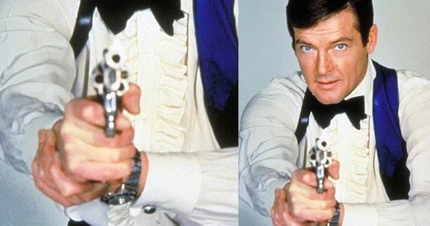 Roger Moore z pistoletem i zegarkiem Rolex w filmie "Żyj i pozwól umrzeć" /East News