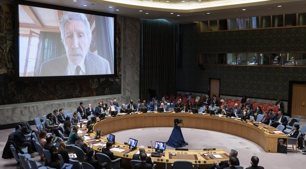 Roger Waters łączący się z Radą Bezpieczeństwa ONZ /JUSTIN LANE /PAP/EPA