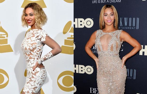 Rok robi różnicę: Beyonce w styczniu 2014 (fot. Frazer Harrison) i w lutym 2013 (fot. Dave Kotinsky) /Getty Images/Flash Press Media