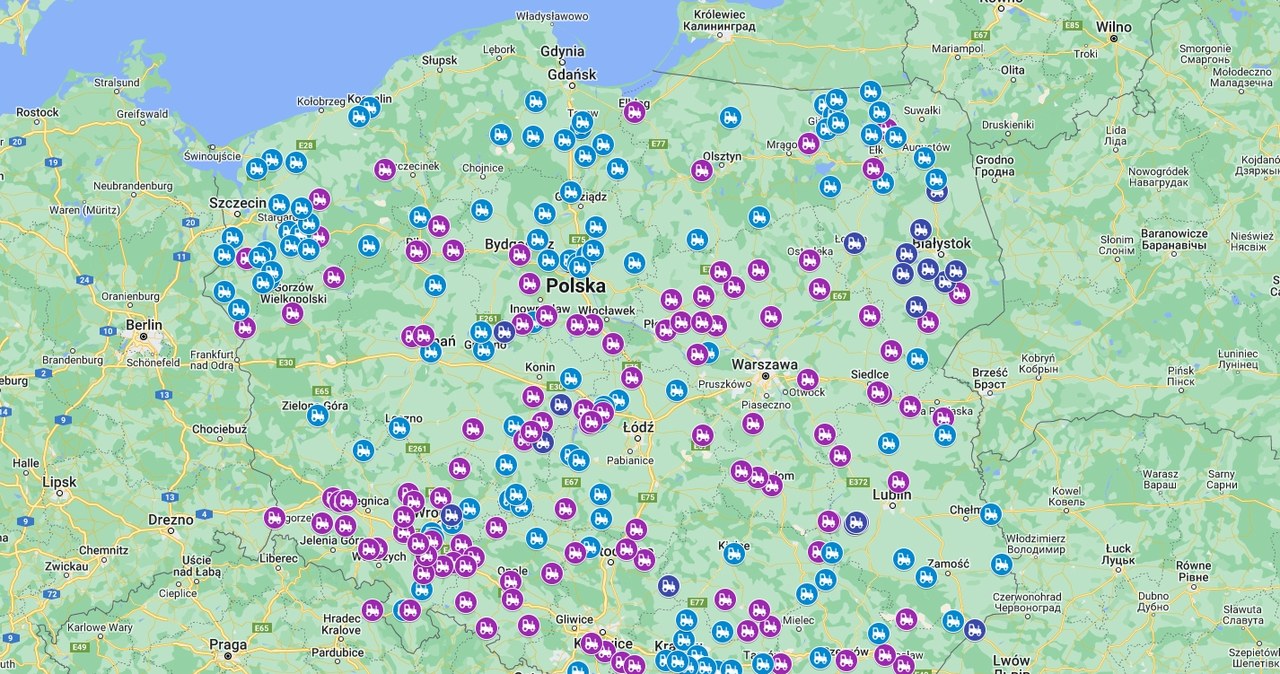 Rolnicy protestują w całej Polsce. Powstała mapa, na której można sprawdzić, gdzie 9 lutego są blokady dróg. /Google Maps/Google /materiał zewnętrzny