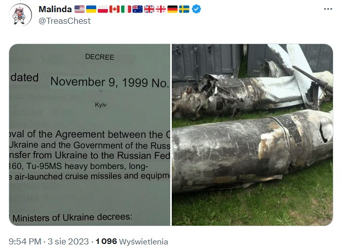 Rosja ostrzeliwuje Ukrainę rakietami, które Kijów przekazał jej za długi gazowe /https://twitter.com/TreasChest/status/1687181316389781506 /Twitter