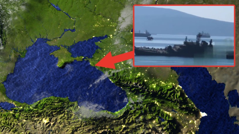 Rosyjski okręt desantowy BDK-91 Olenegorski został trafiony przez ukraiński morski dron kamikaze. /Twitter: ҐРУНТ@grntmedia /123RF/PICSEL