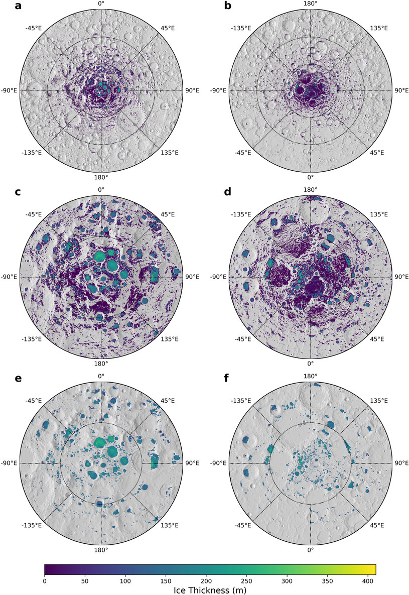 Rozkład i grubość lodu według opracowanych modeli /Andrew X. Wilcoski et al 2022 Planet. Sci. J. 3 99/DOI:10.3847/PSJ/ac649c/Creative Commons Attribution 4.0 licence/Open Access /materiały prasowe