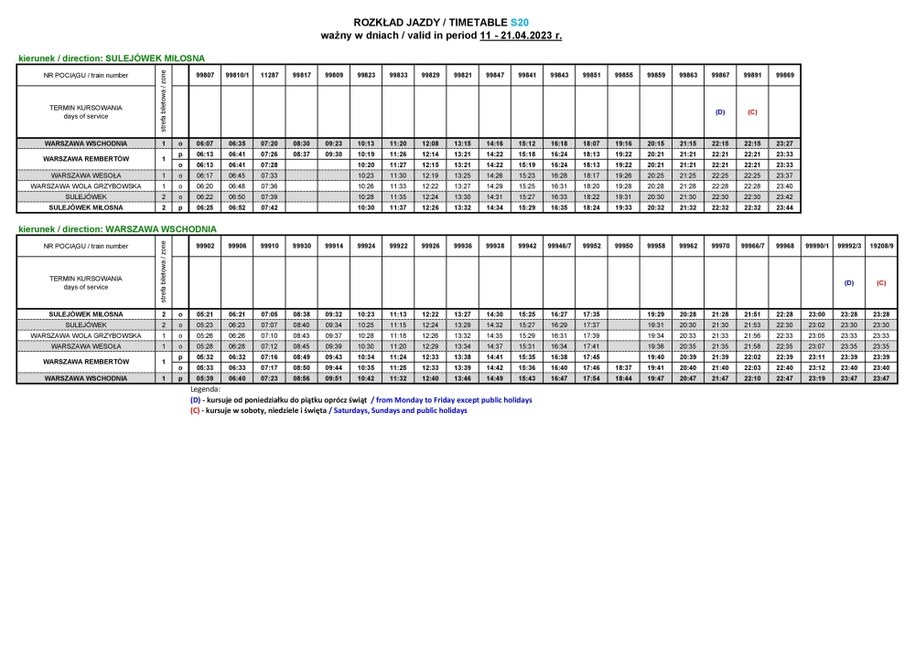 Rozkład jazdy linii S20 /UM Warszawa /