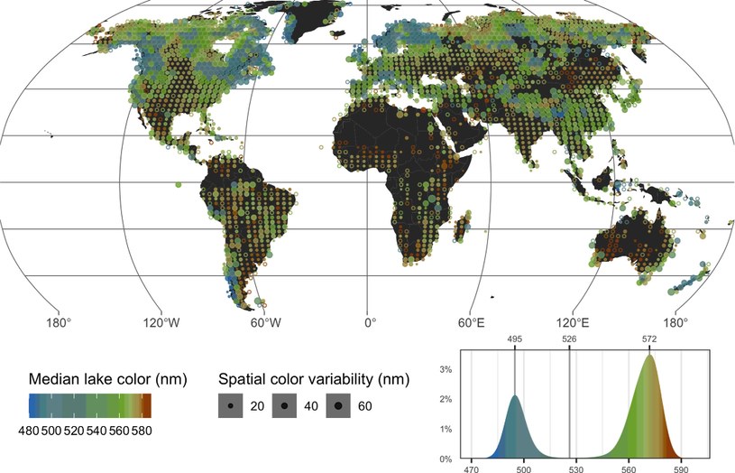 Rozkład przestrzenny mediany modalnego koloru jeziora i zmienność przestrzenna jezior na świecie /Xiao Yang et al., 2022. The Color of Earth’s Lakes. Geophysical Research Letters 49 (18)/Open Access /materiały prasowe
