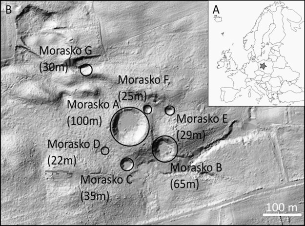 Rozmieszczenie i rozmiary kraterów Morasko /Dr Anna Łosiak /