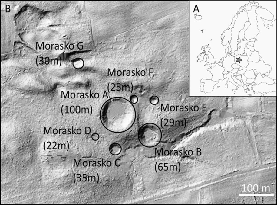 Rozmieszczenie i rozmiary kraterów Morasko /Dr Anna Łosiak /