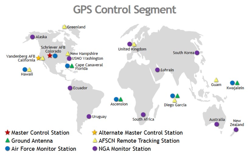 Rozmieszczenie stacji naziemnych segmentu kontrolnego systemu GPS. Źródło: gps.gov /materiały prasowe