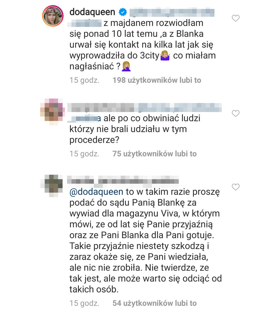 Rozmowa Dody pod ostatnim postem /Instagram