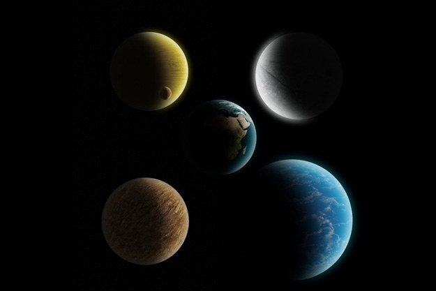 Różne typu egzoplanet, które czekają na odkrycie: gazowe giganty z dużymi egzoksiężycami, lodowe globy, jałowe skaliste obiekty, "super-Ziemie" z głębokim oceanem oraz (w środku) Ziemia. Źródło: K. Kanawka, Kosmonauta.net /Kosmonauta