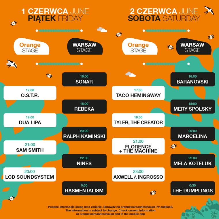 Rozpiska godzinowa Orange Warsaw Festival 2018 /